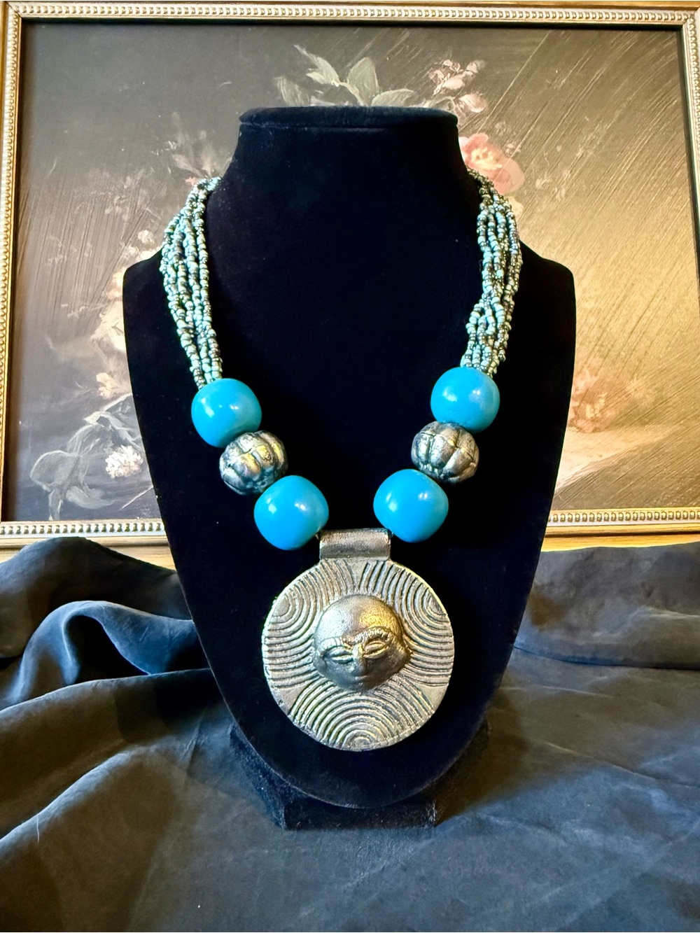 Vintage Turquoise Toned Beaded Sun Medallion Necklace